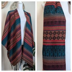 Tribal Boho Geometric Shawl Wrap Poncho Fringe Multicolor